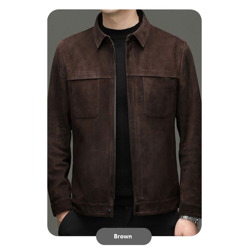 Men’s Genuine Sheepskin Suede Lapel Leather Jacket