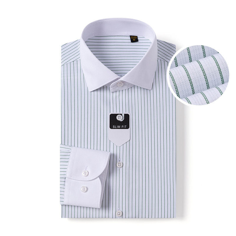 100s Cotton Contrast-Collar Long-Sleeve Non-Iron Striped Shirt