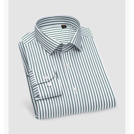 200s Silk-Cotton Non-Iron Green Stripe Long-Sleeve Shirt