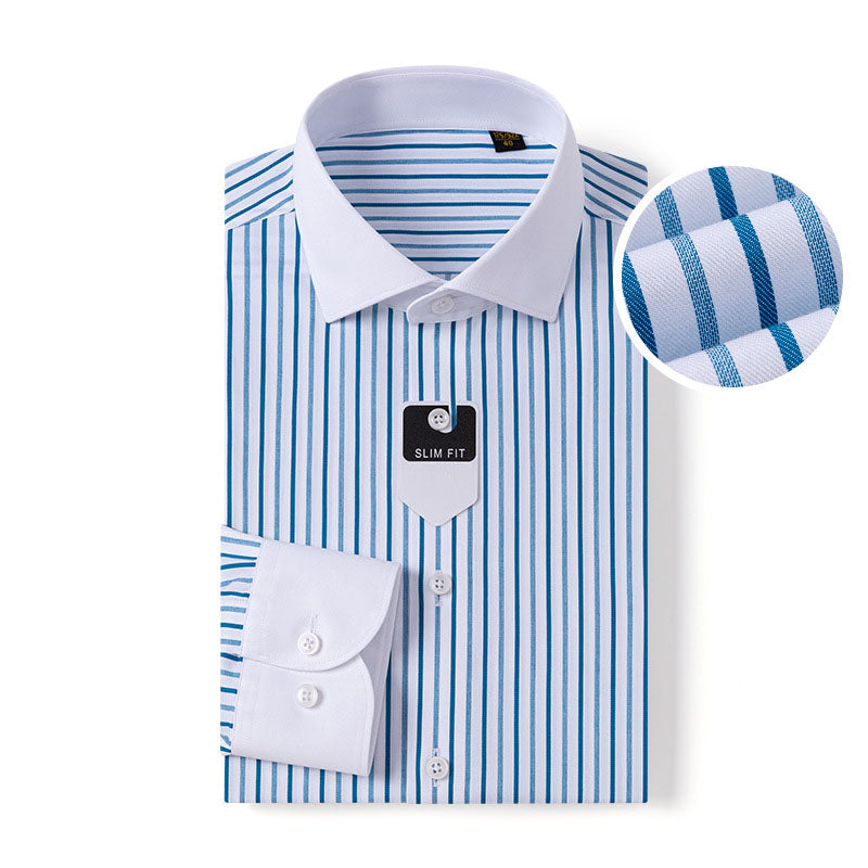 100s Cotton Contrast-Collar Long-Sleeve Non-Iron Striped Shirt