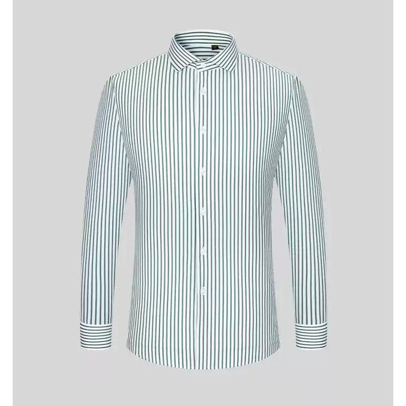 200s Silk-Cotton Non-Iron Green Stripe Long-Sleeve Shirt