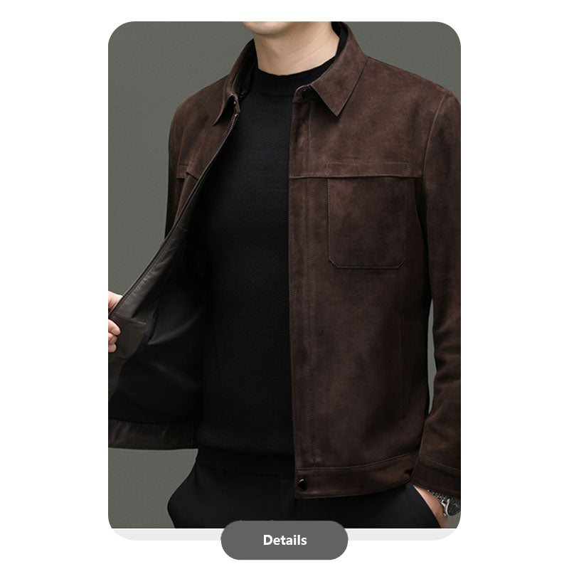 Men’s Genuine Sheepskin Suede Lapel Leather Jacket