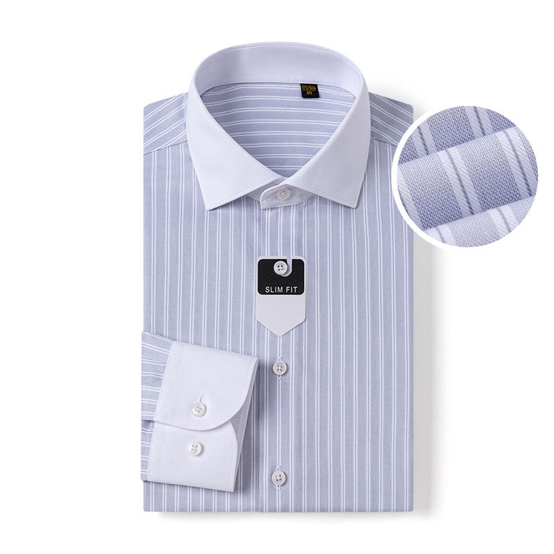 100s Cotton Contrast-Collar Long-Sleeve Non-Iron Striped Shirt