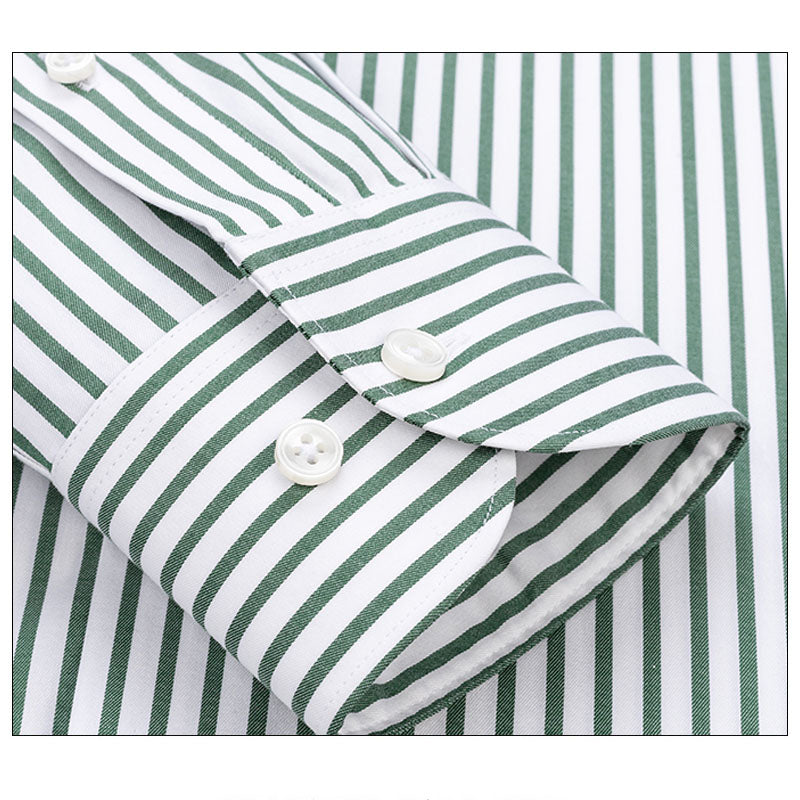 200s Silk-Cotton Non-Iron Green Stripe Long-Sleeve Shirt