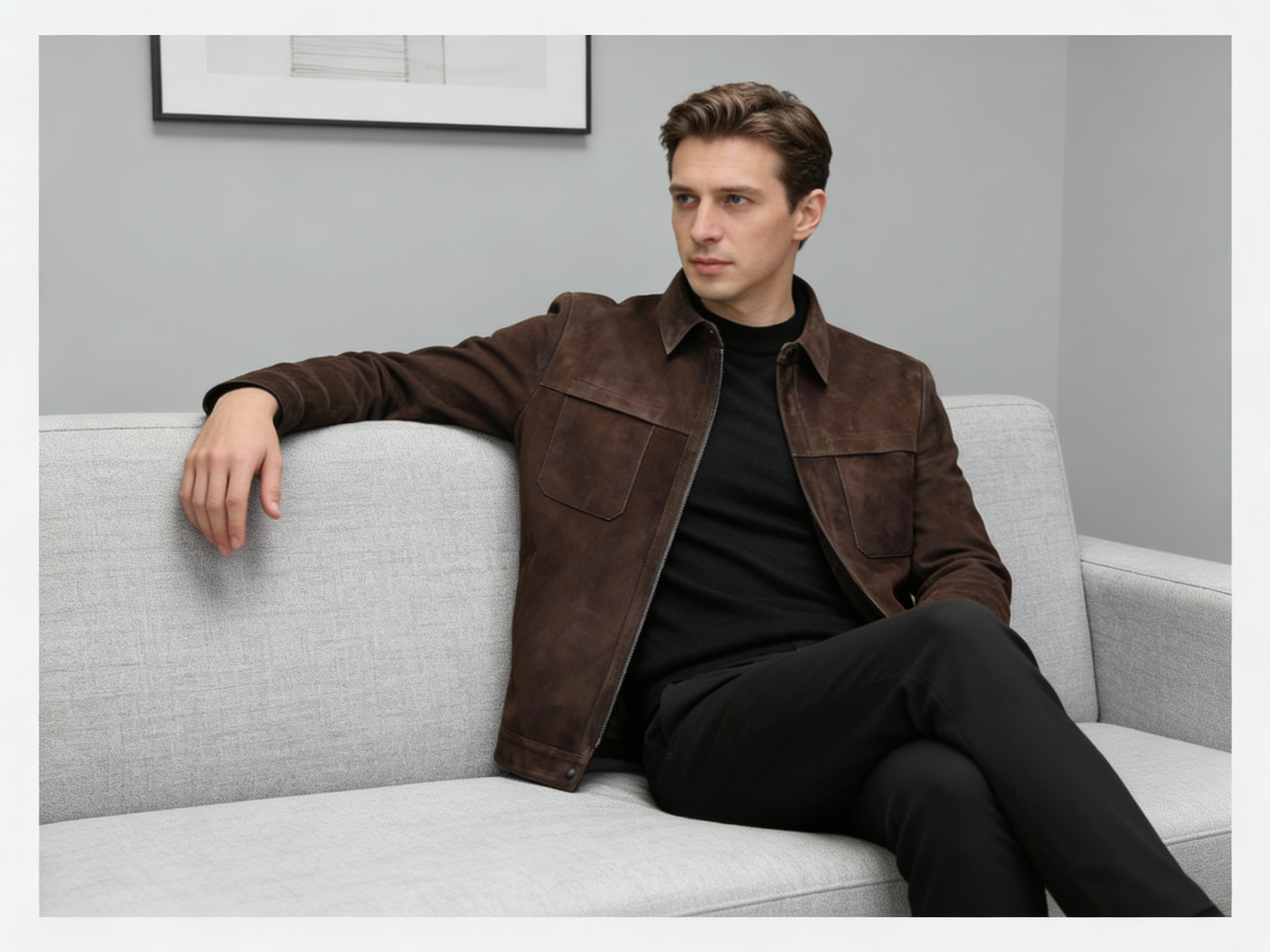 Men’s Genuine Sheepskin Suede Lapel Leather Jacket