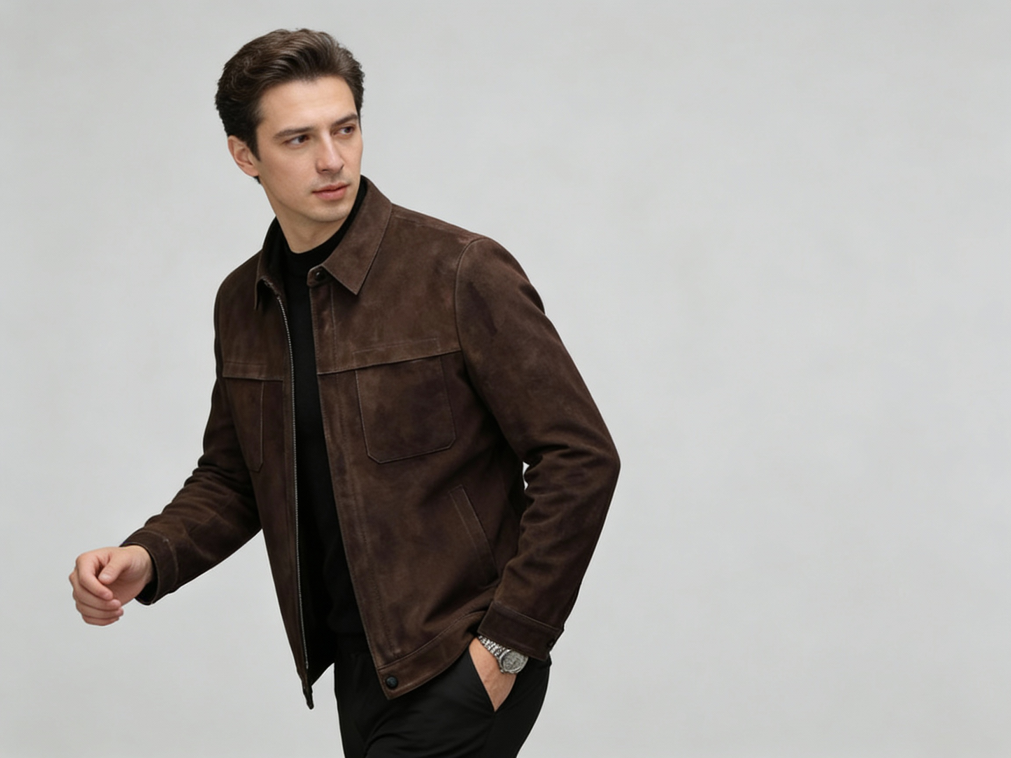 Men’s Genuine Sheepskin Suede Lapel Leather Jacket