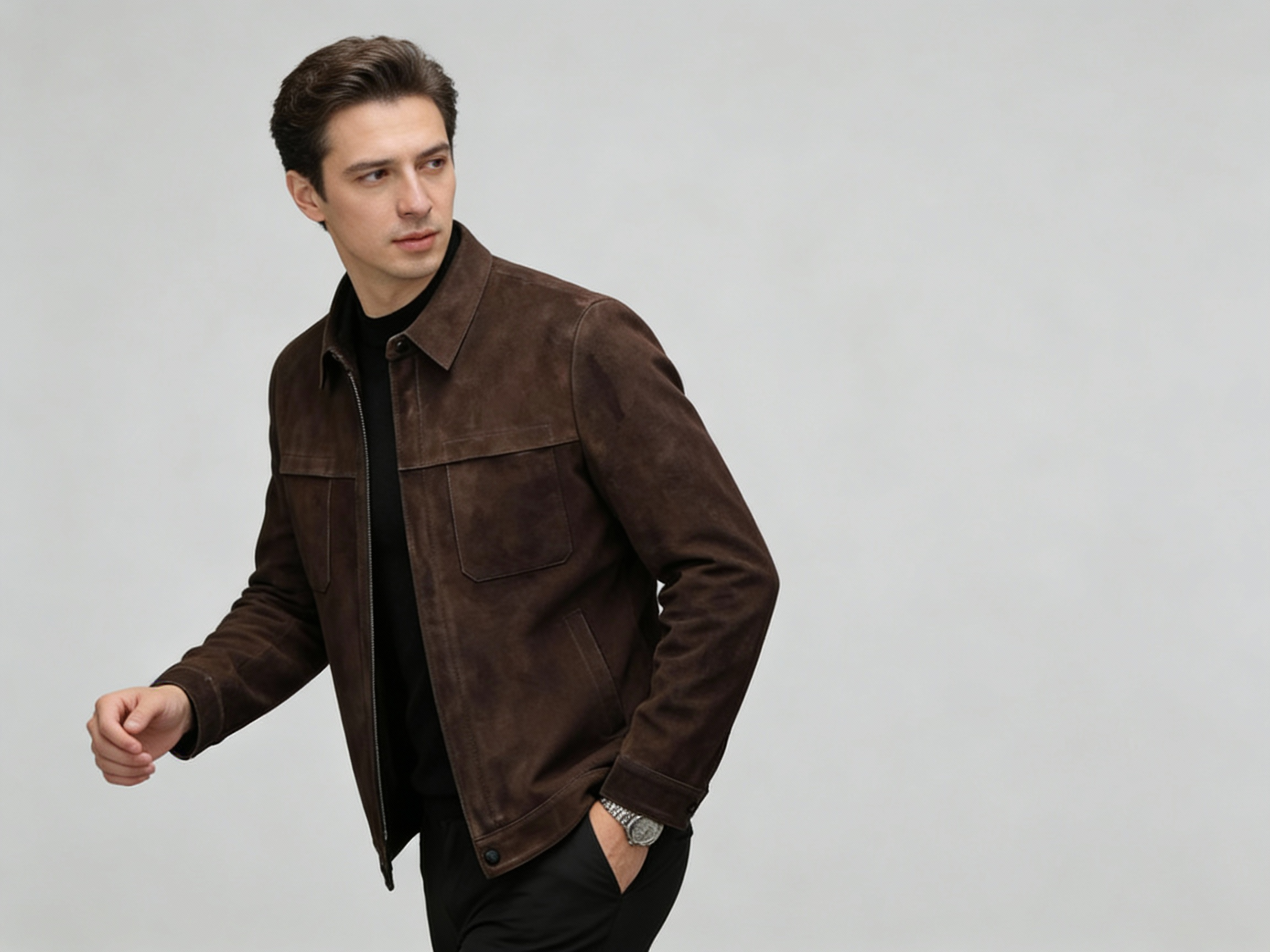 Men’s Genuine Sheepskin Suede Lapel Leather Jacket