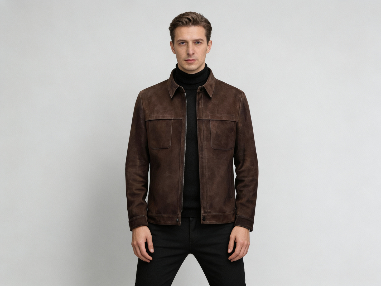 Men’s Genuine Sheepskin Suede Lapel Leather Jacket