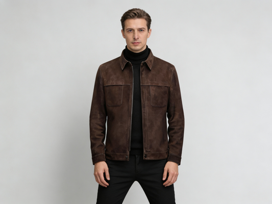 Men’s Genuine Sheepskin Suede Lapel Leather Jacket