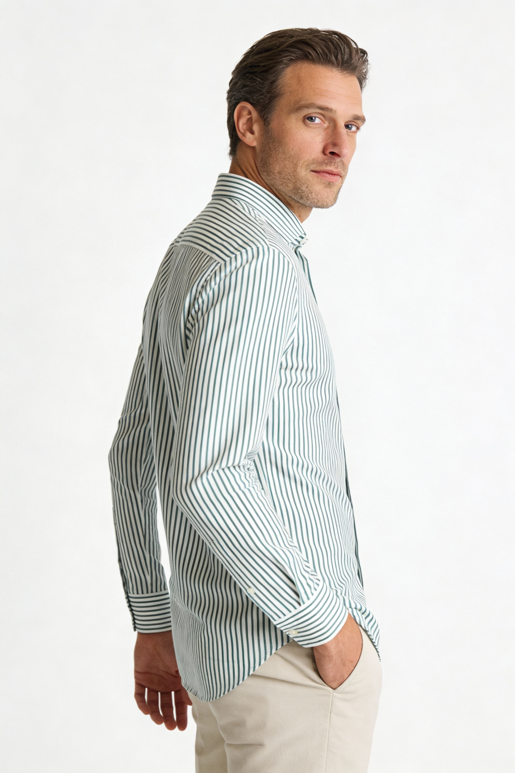 200s Silk-Cotton Non-Iron Green Stripe Long-Sleeve Shirt