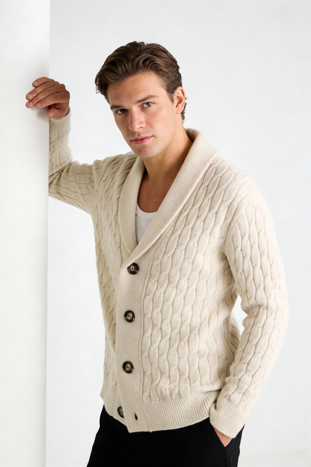 Cable Knit Shawl Collar Cardigan
