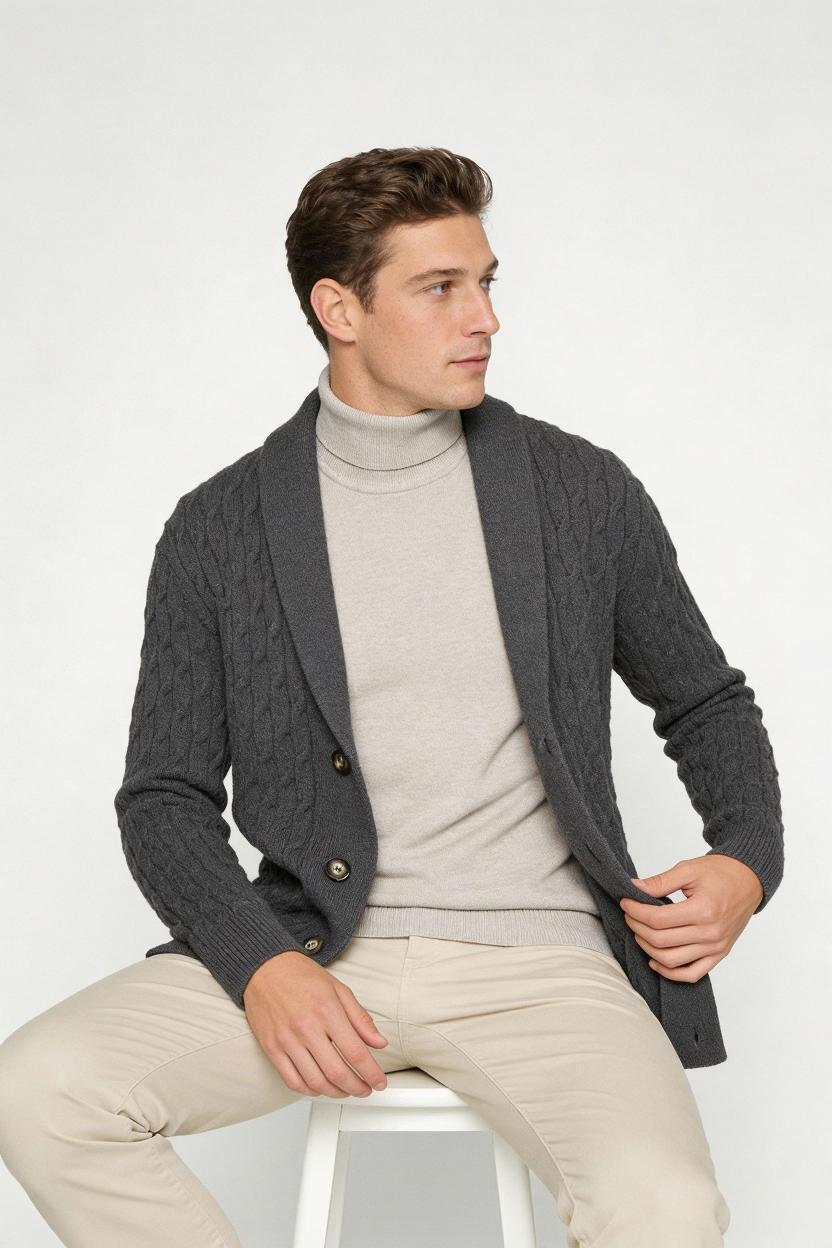 Cable Knit Shawl Collar Cardigan