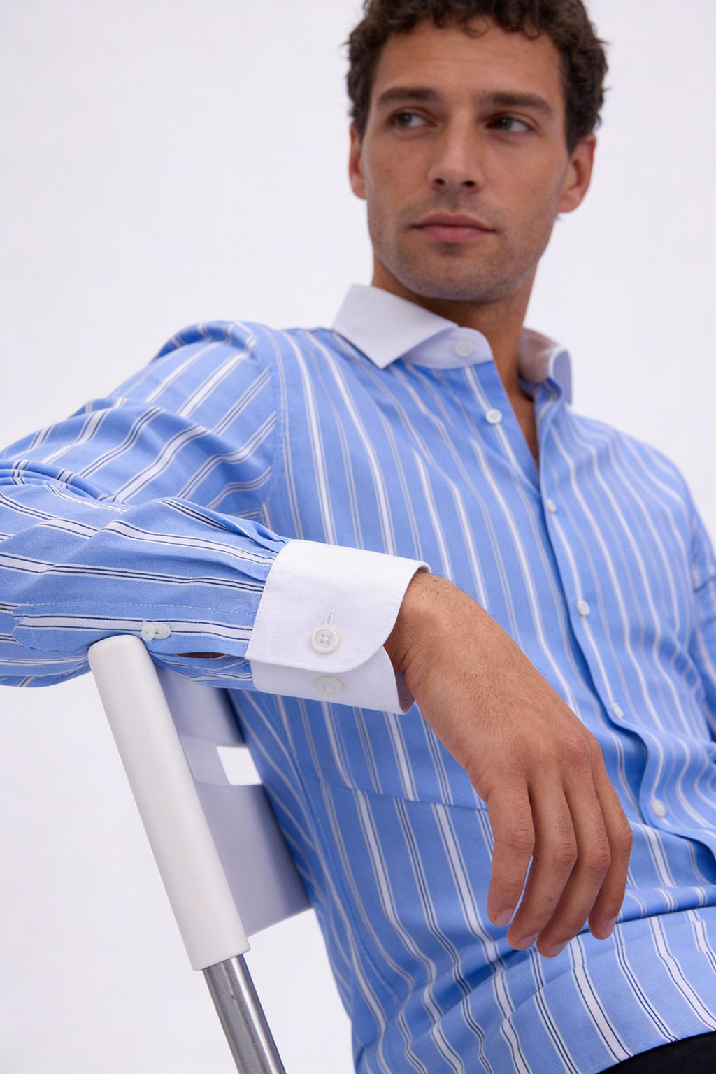 100s Cotton Contrast-Collar Long-Sleeve Non-Iron Striped Shirt