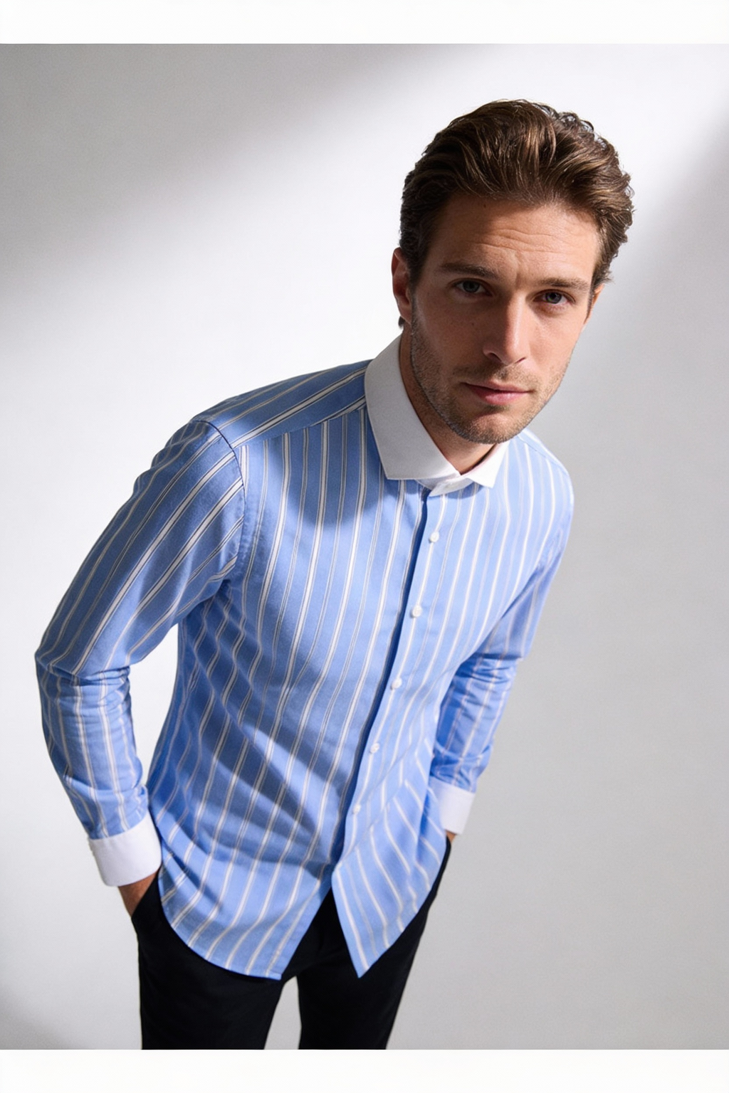 100s Cotton Contrast-Collar Long-Sleeve Non-Iron Striped Shirt