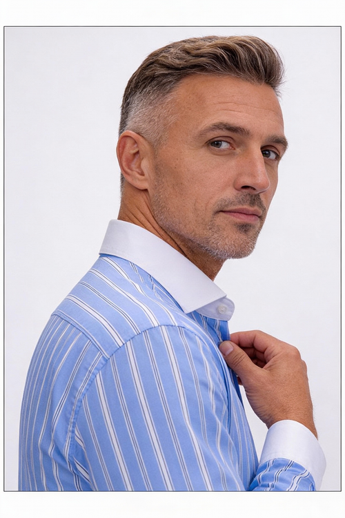 100s Cotton Contrast-Collar Long-Sleeve Non-Iron Striped Shirt