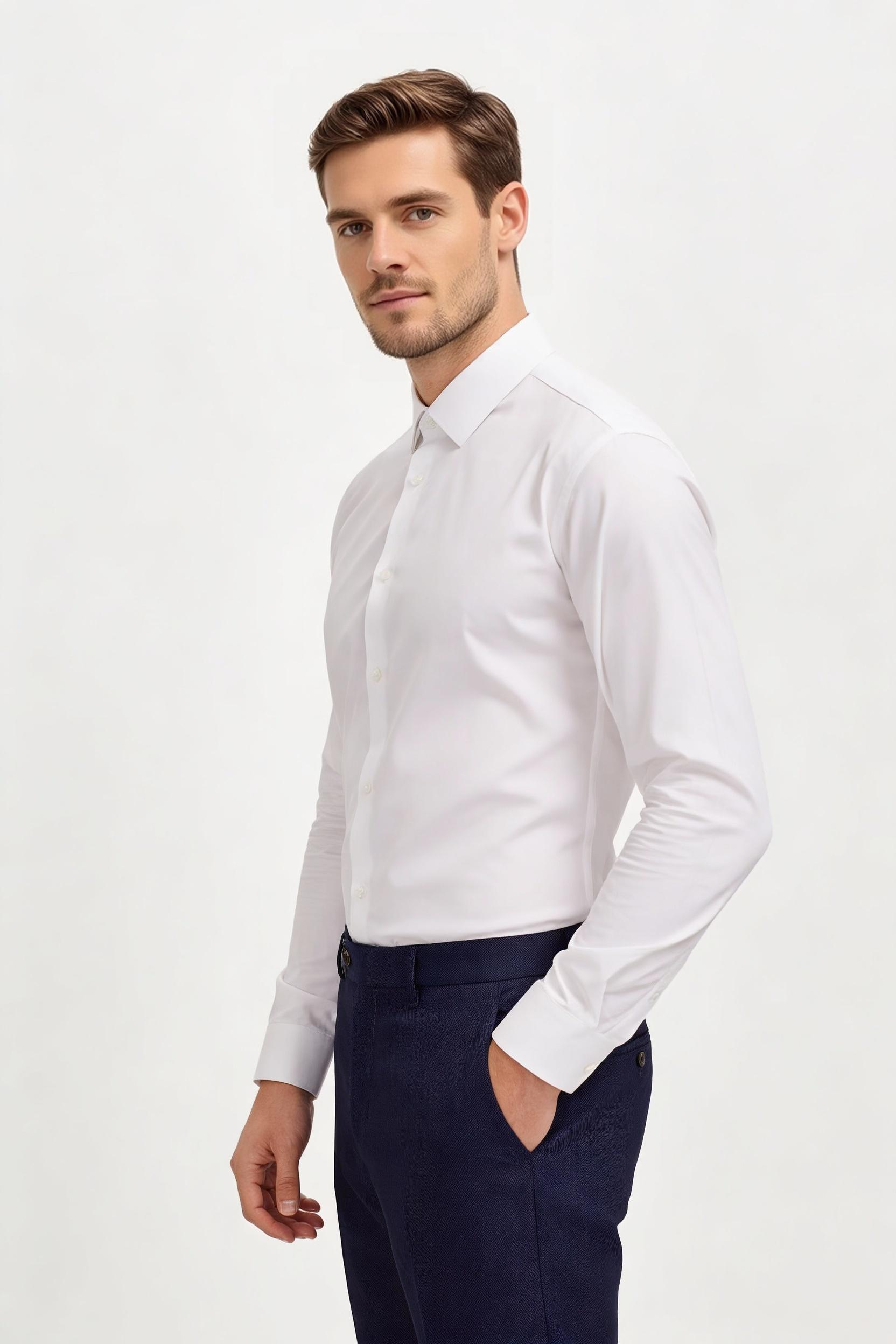 White Cotton Semi-Spread Collar Shirt