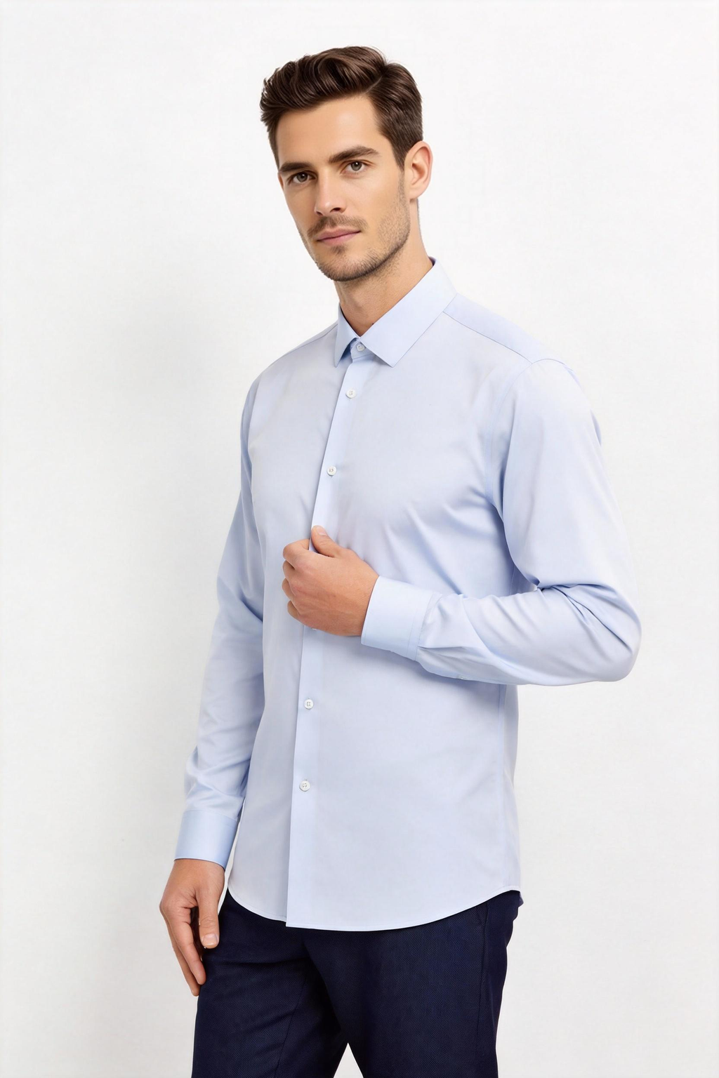 Light Blue Cotton Semi-Spread Collar Shirt