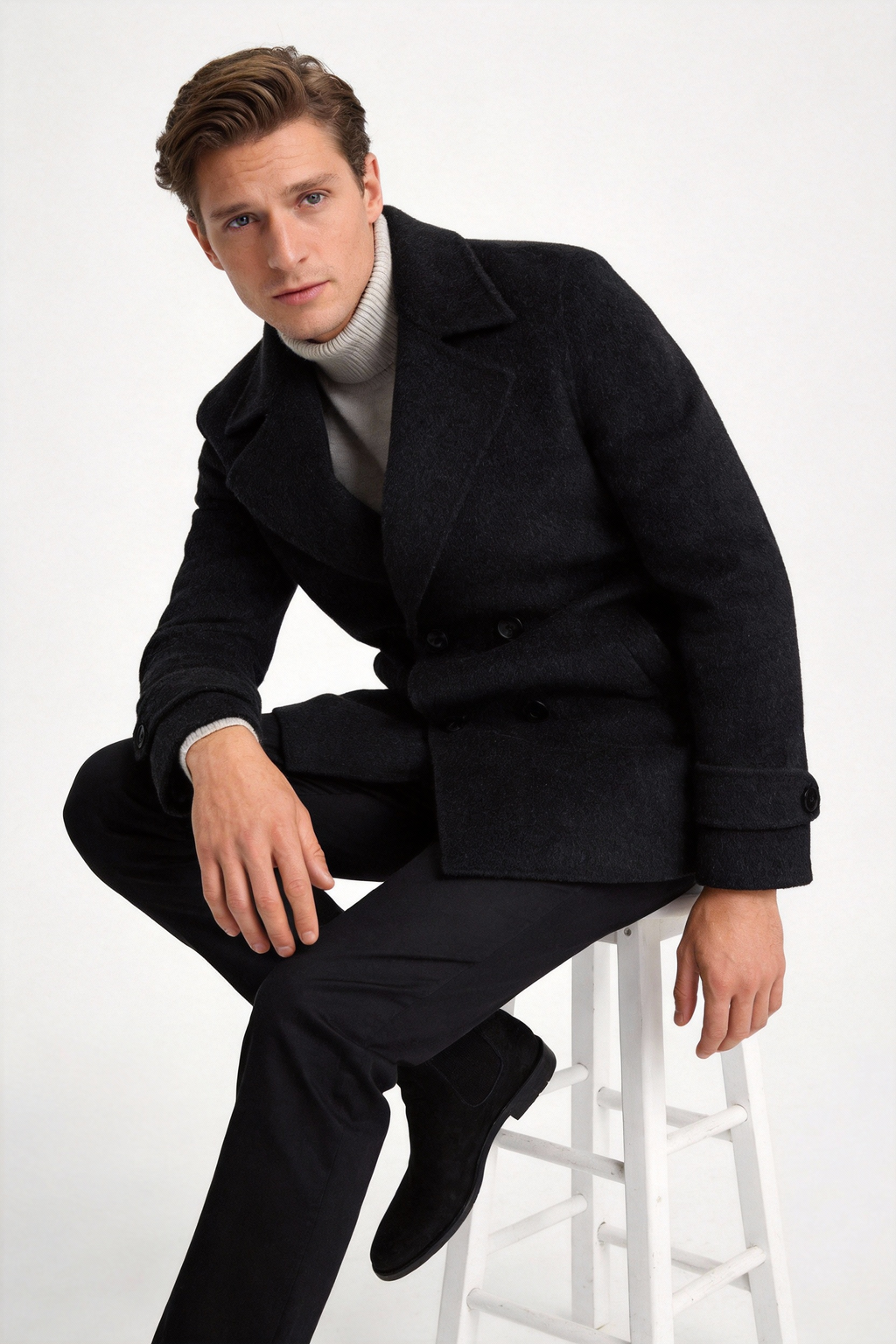 Short Double-Breasted Wool Coat