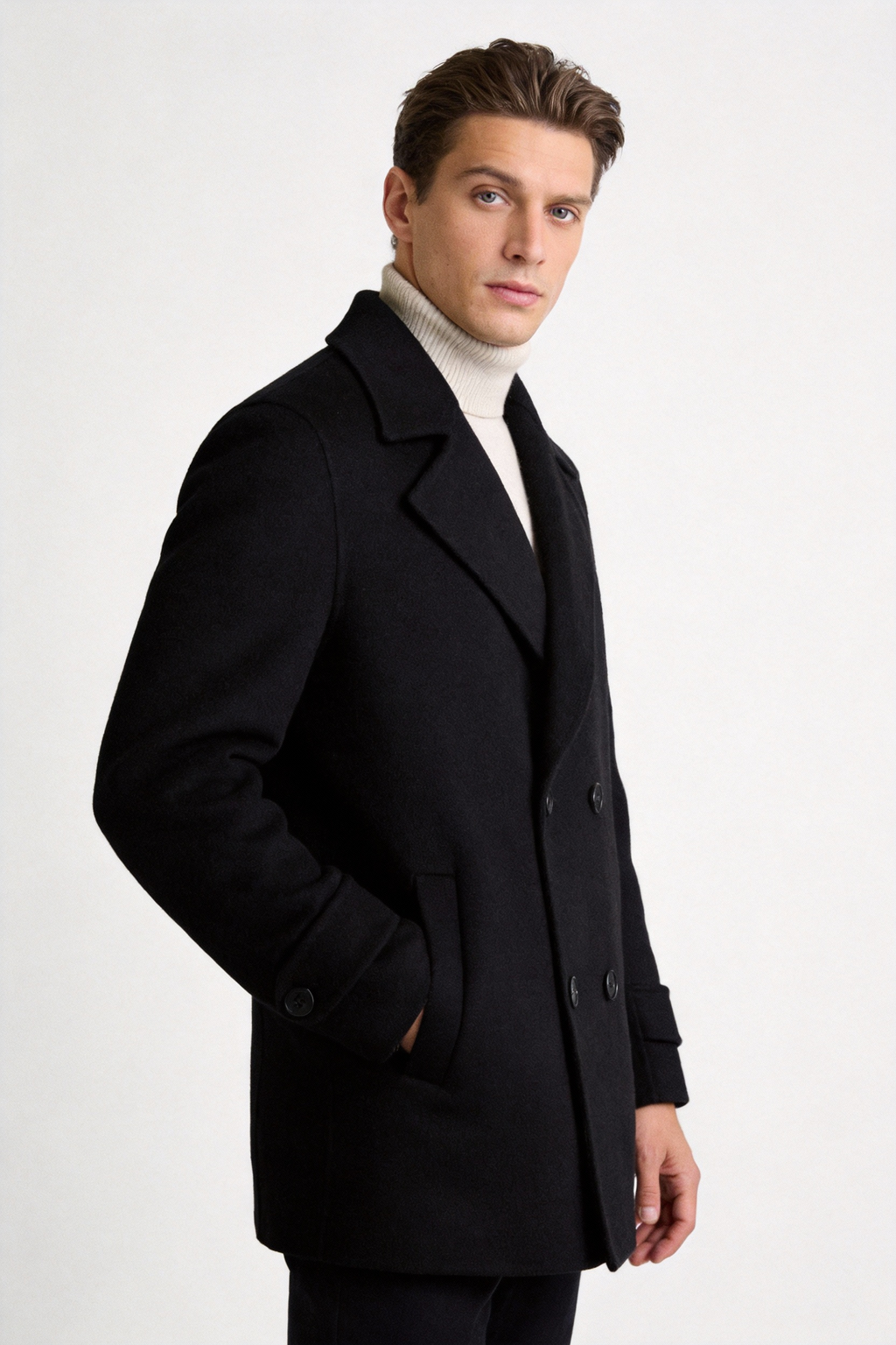 Short Double-Breasted Wool Coat